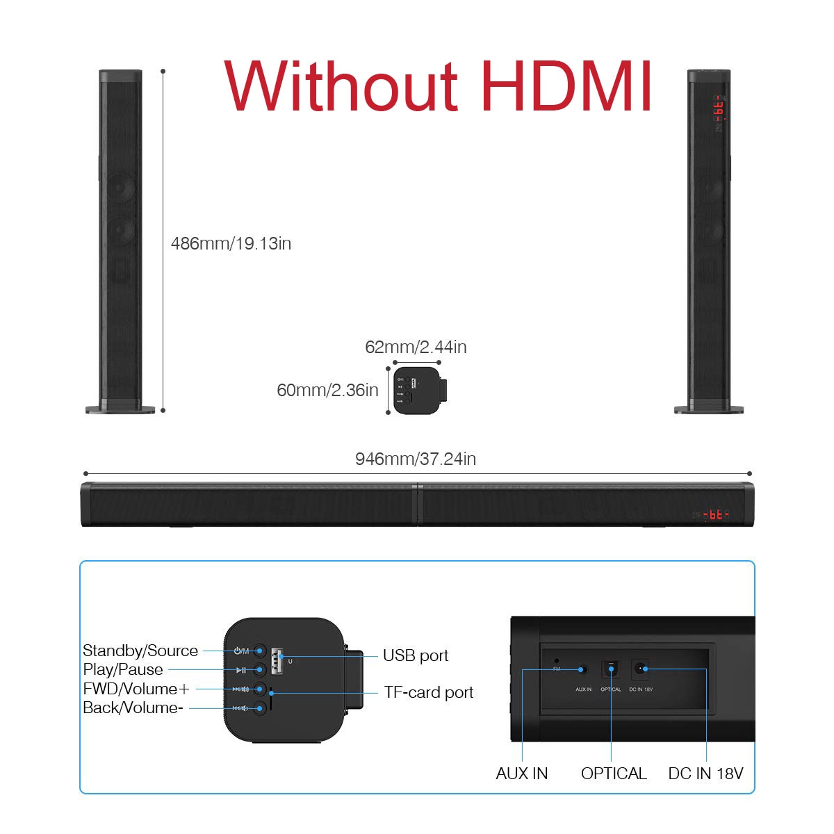 Ultra slim Detachable Bluetooth TV Sound bar 37 inch wireles speaker built-in subwoofer soundbar with optical for LED TV